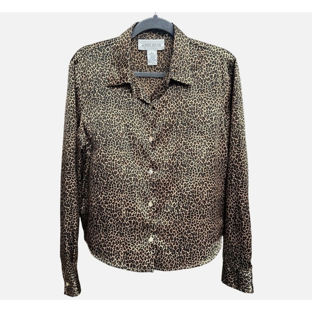 Jones Wear Shirt Womens 16 Leopard Print‎ Long Sleeve Satin Button Down Blouse